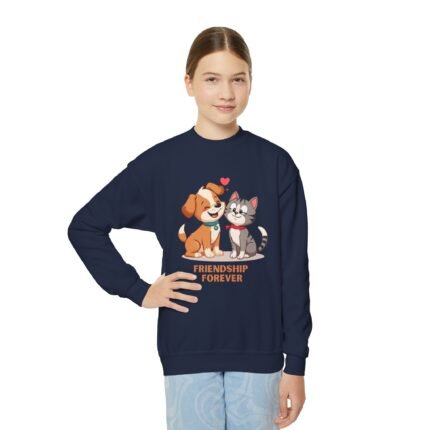 Friendship Forever Youth Crewneck Sweatshirt — Cute Dog & Cat Graphic